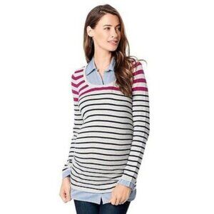 Oh Baby Motherhood Maternity Womens Blue Striped Mock Layer Sweater Sz L NEW